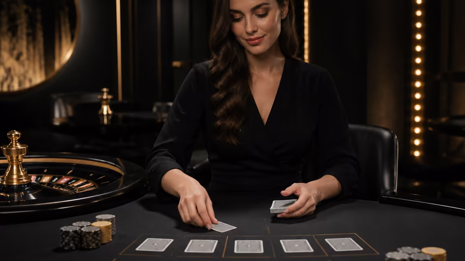 Live casino table scene with unmarked cards and gold lighting