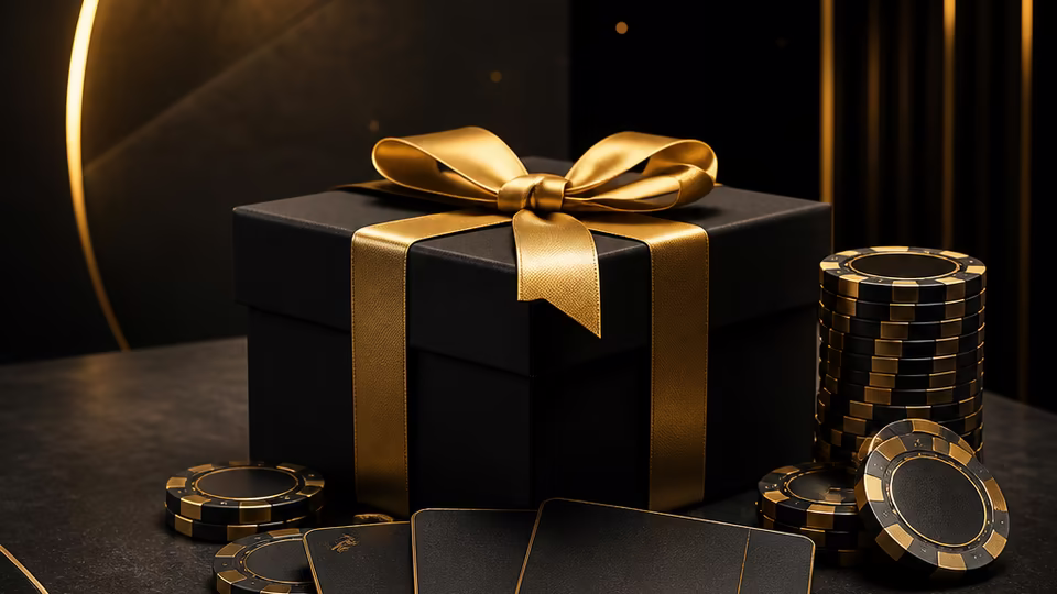 Black Label Casino bonus availability scene with gift box and unmarked promo cards