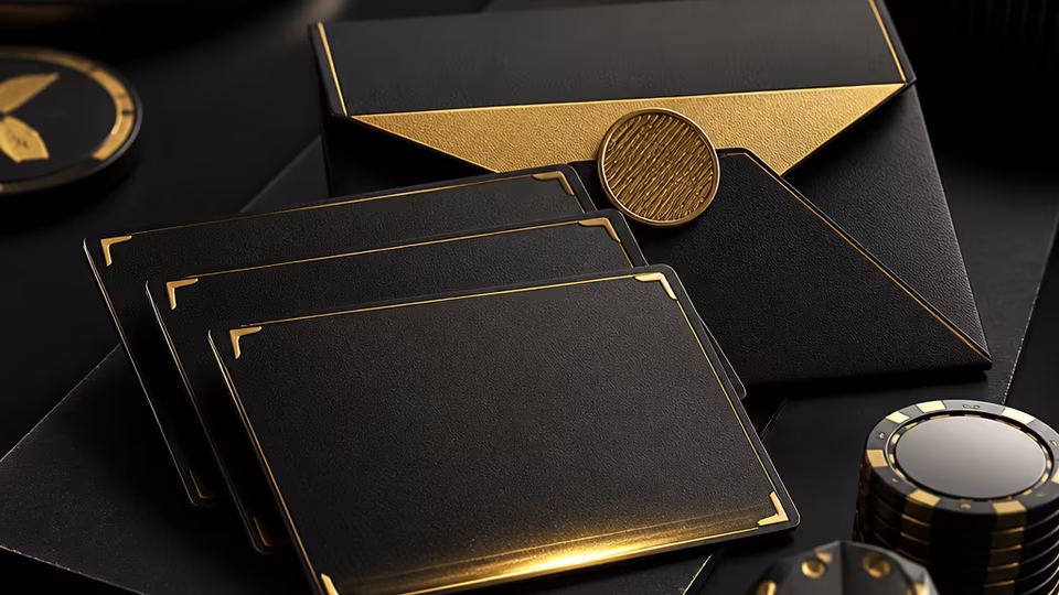 Black Label Casino promo cards and envelope motif in black and gold