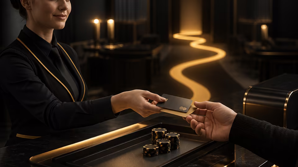 Black Label Casino cashier scene with unbranded payment cards and chips