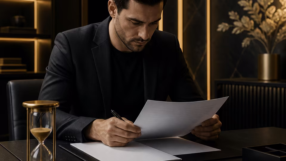 Withdrawal review timing scene with blank documents and gold hourglass motif